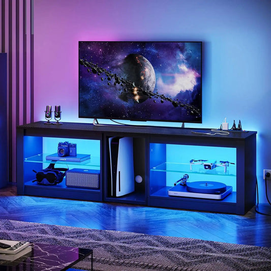70in LED TV Stand with Power Outlets Glass Shelves