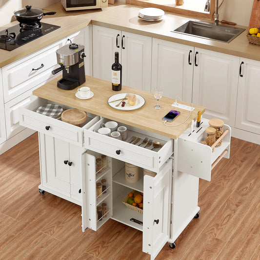 Kitchen Island Table Drop Leaf Cart with Power Outlet Spice Towel Rack Trash