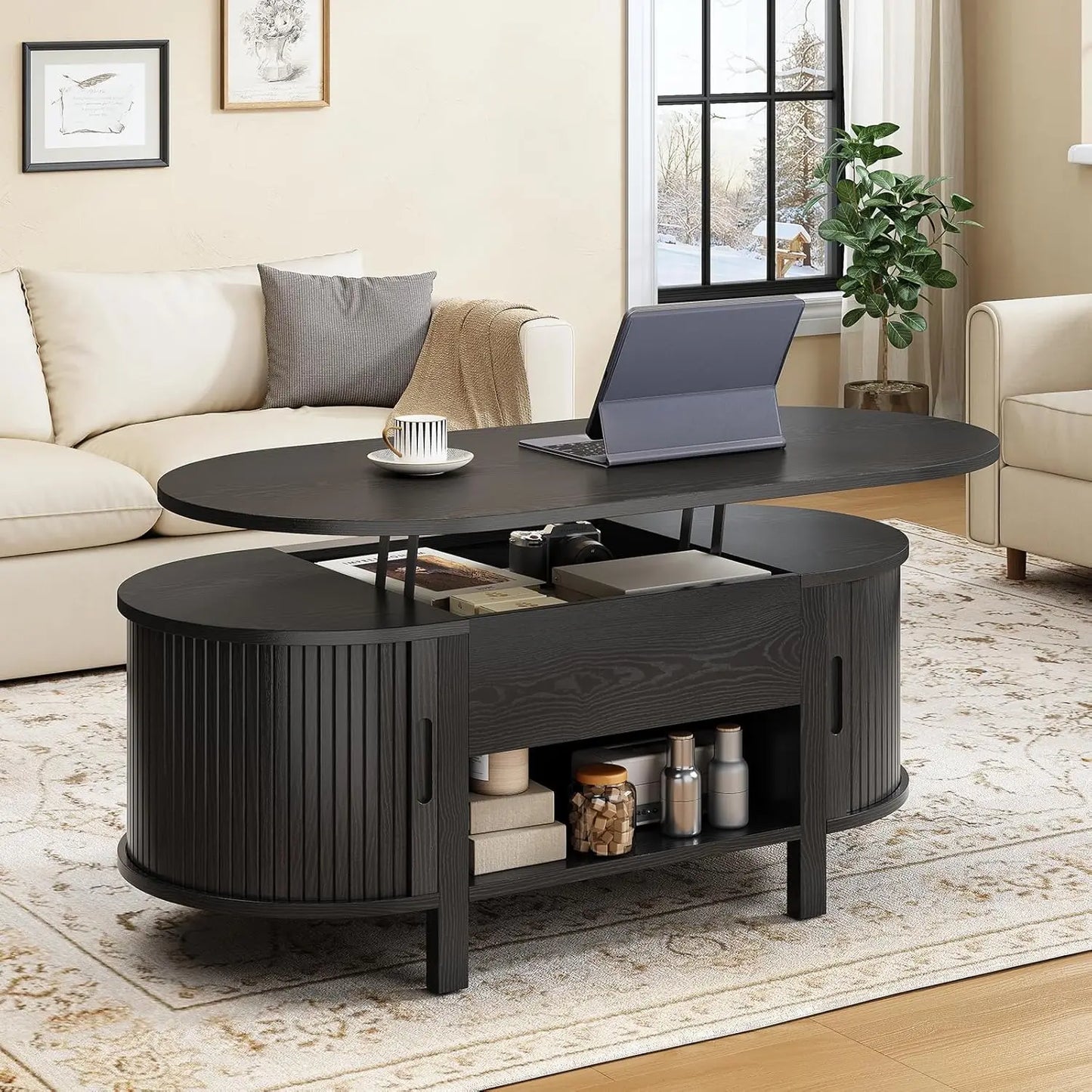 Oval Lift Top Coffee Table with Hidden Compartment