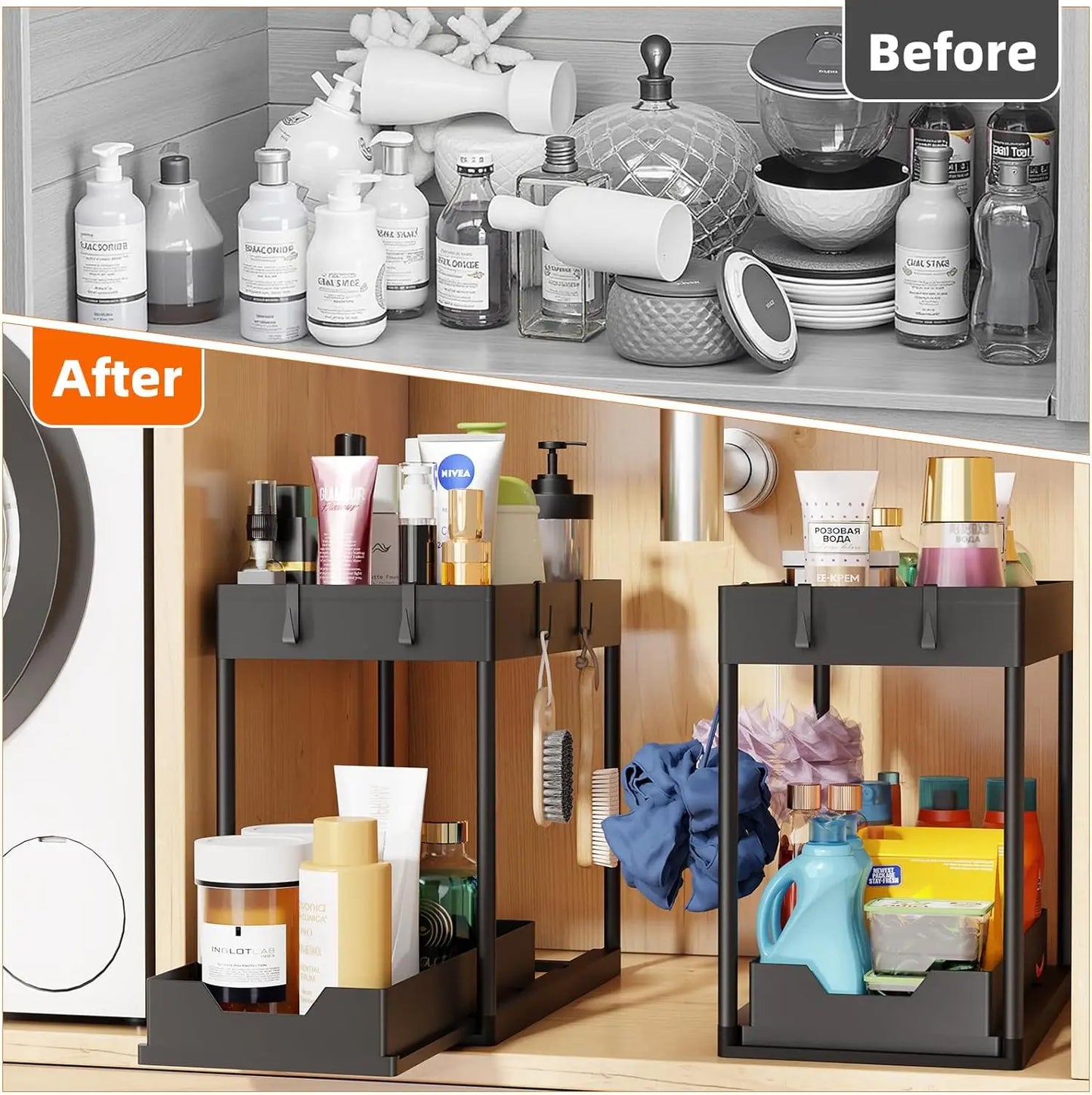 2 Tier Bathroom Cabinet Organizer with Sliding Basket