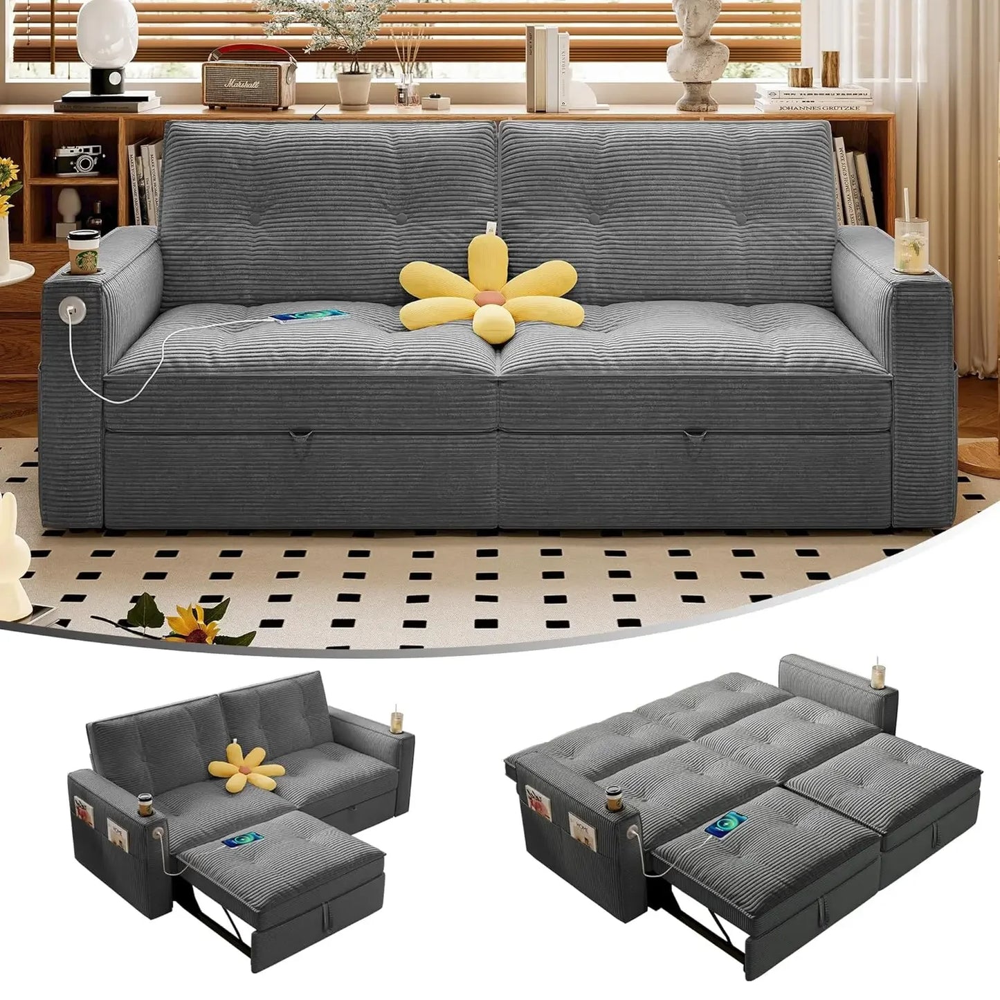 Loveseat Sleeper Sofa with Pull Out Bed, with Pockets and USB