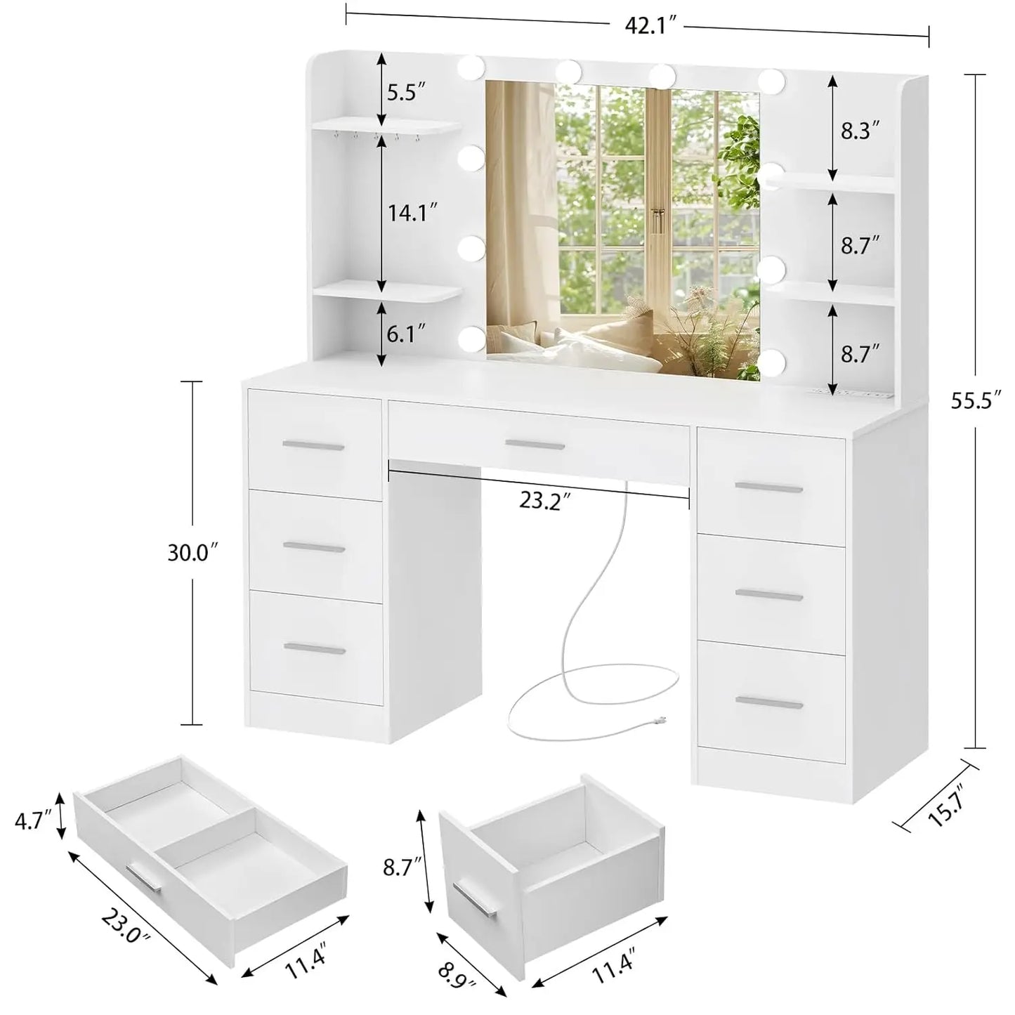 Large Vanity Desk with LED Mirror & Power Outlet