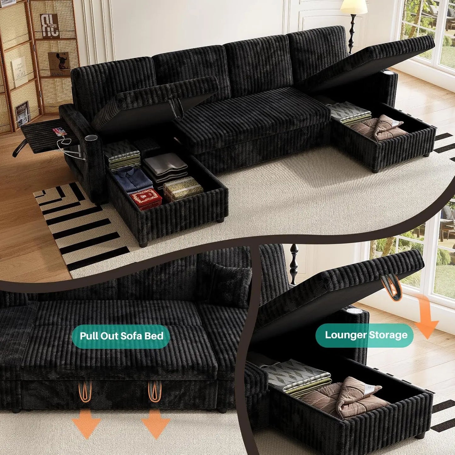 U Shaped Sleeper Sectional Sofa Pull Out Bed