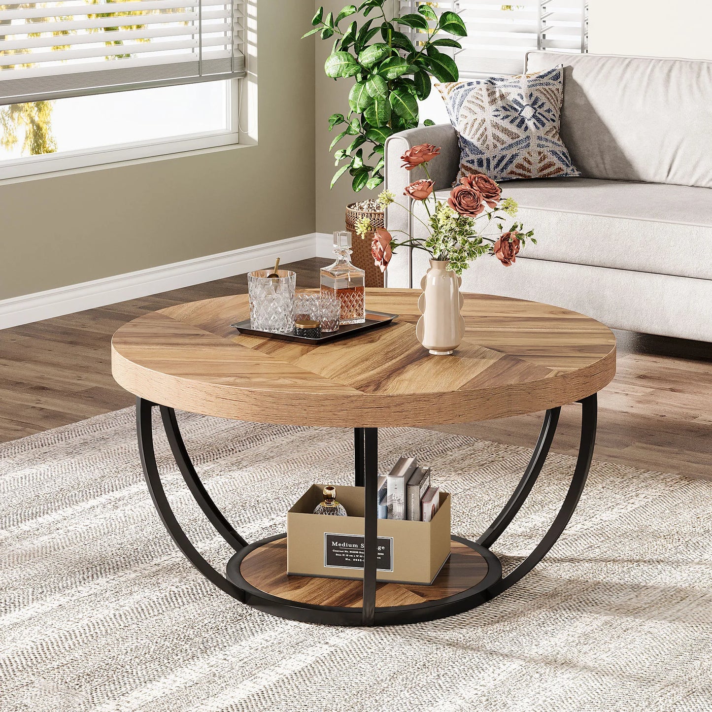 Industrial 2-Tier Circle Coffee Table with Storage Shelves