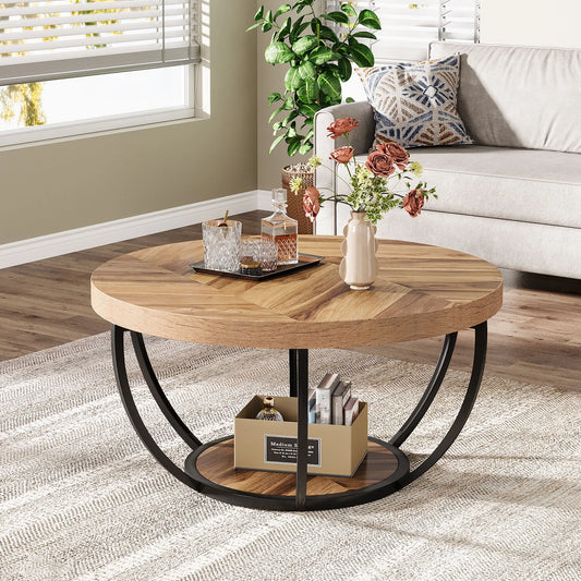 Industrial 2-Tier Circle Coffee Table with Storage Shelves