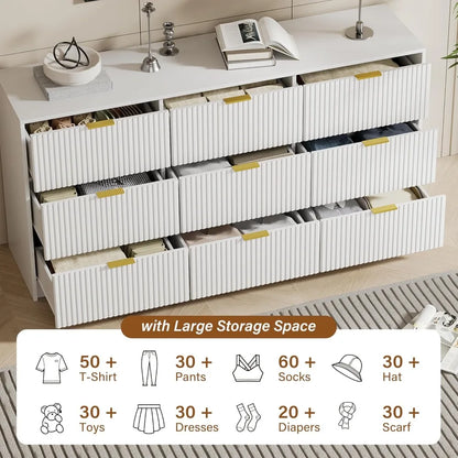 Modern 9 Drawer Dresser with Smooth Slides and Gold Handles