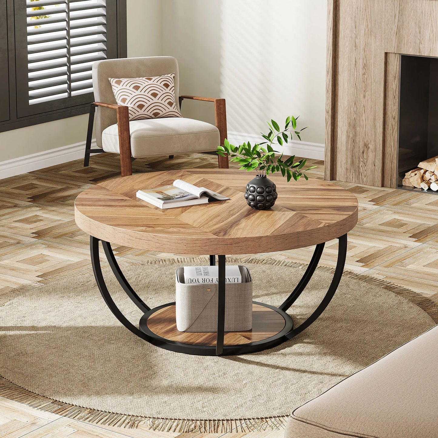Industrial 2-Tier Circle Coffee Table with Storage Shelves