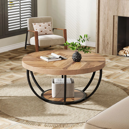Industrial 2-Tier Circle Coffee Table with Storage Shelves