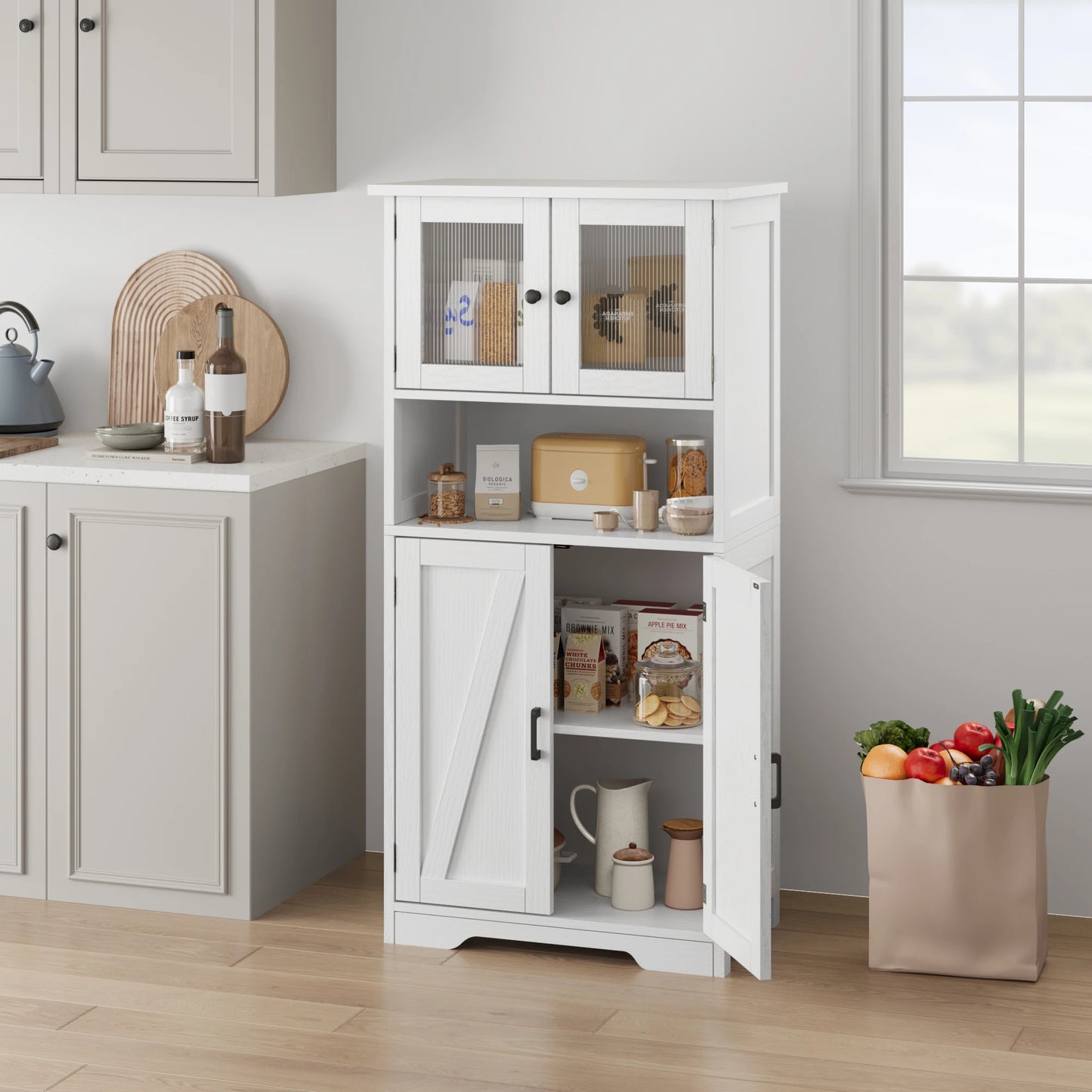 Free Standing Kitchen Pantry Cupboard with 4 Doors and Open Space
