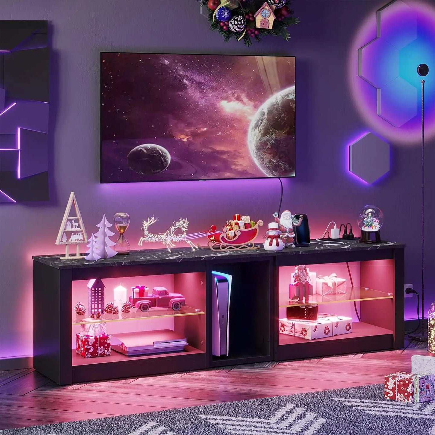 70in LED TV Stand with Power Outlets Glass Shelves