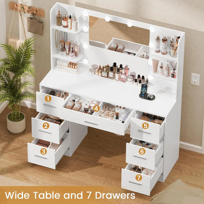 Large Vanity Desk with LED Mirror & Power Outlet
