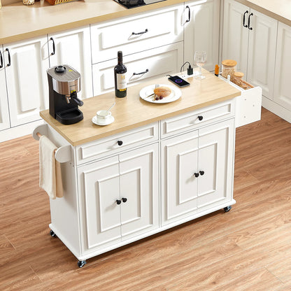Kitchen Island Table Drop Leaf Cart with Power Outlet Spice Towel Rack Trash