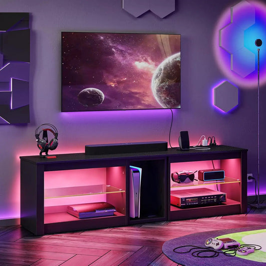 70in LED TV Stand with Power Outlets Glass Shelves