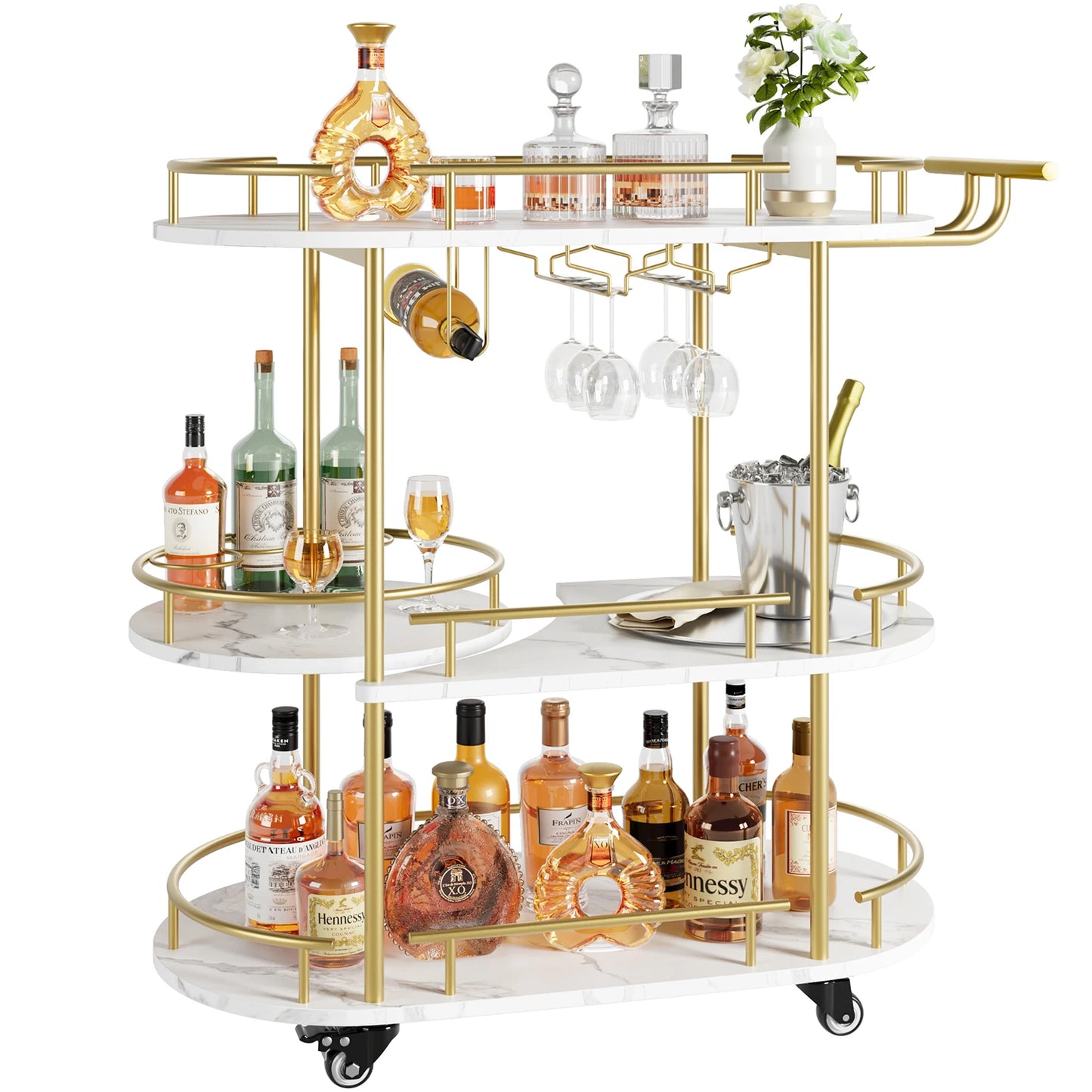 Gold Bar Carts with 4-Tiers Storage Shelves On Wheels