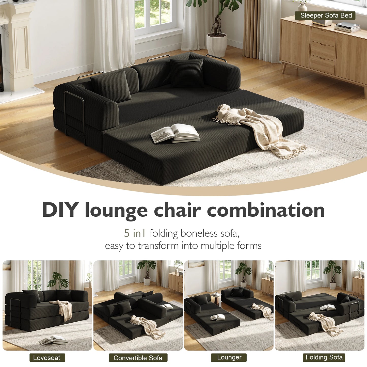 Convertible Floor Sofa Bed with Fixed-Shape Frame