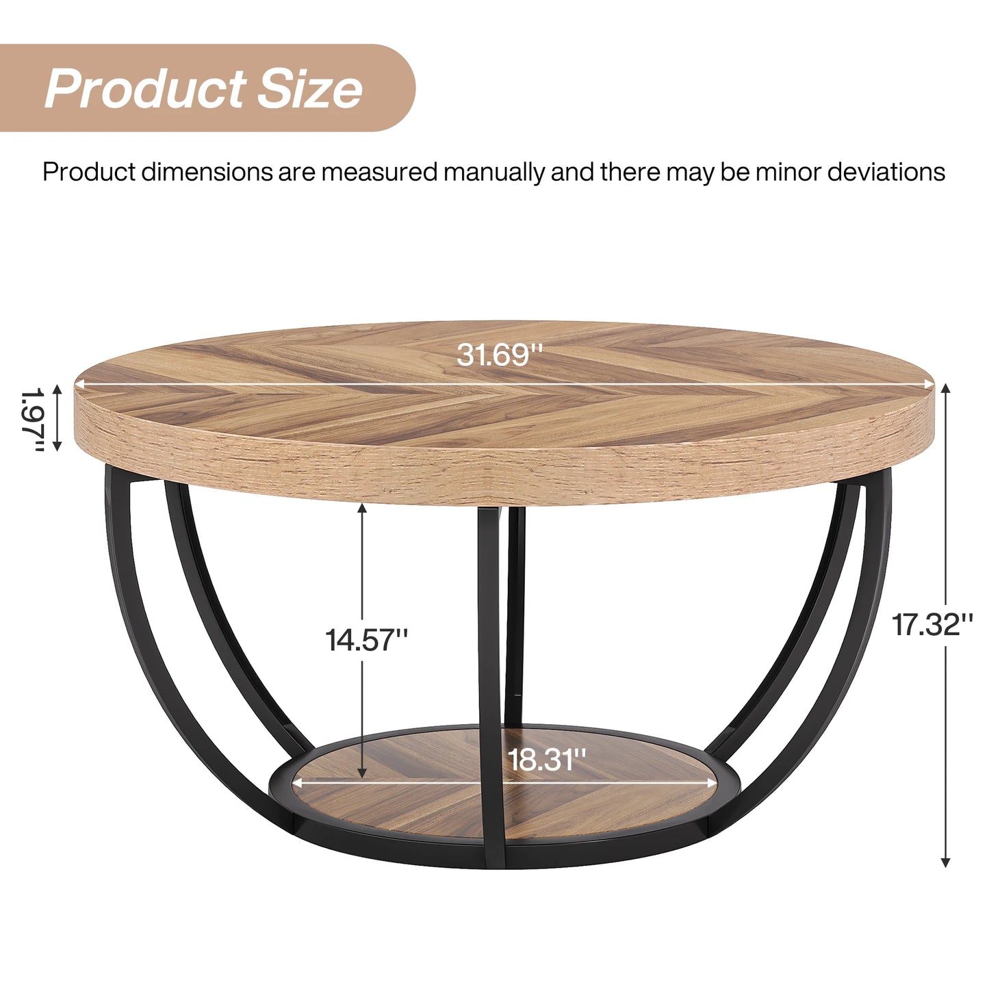 Industrial 2-Tier Circle Coffee Table with Storage Shelves