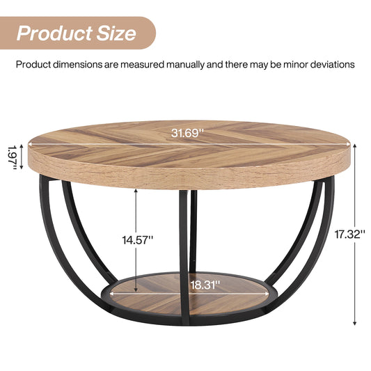 Industrial 2-Tier Circle Coffee Table with Storage Shelves