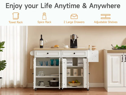 Kitchen Island Table Drop Leaf Cart with Power Outlet Spice Towel Rack Trash