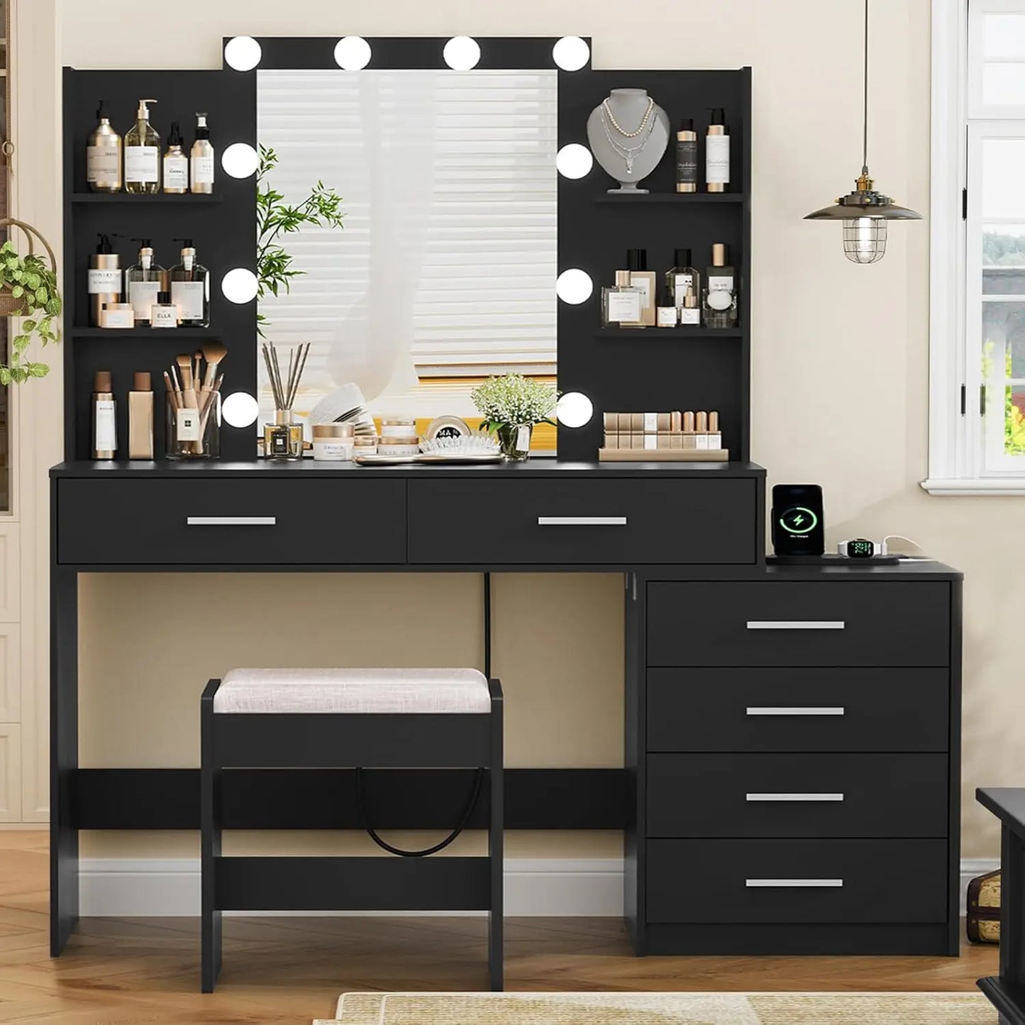 Large Vanity Desk with LED Mirror & Power Outlet