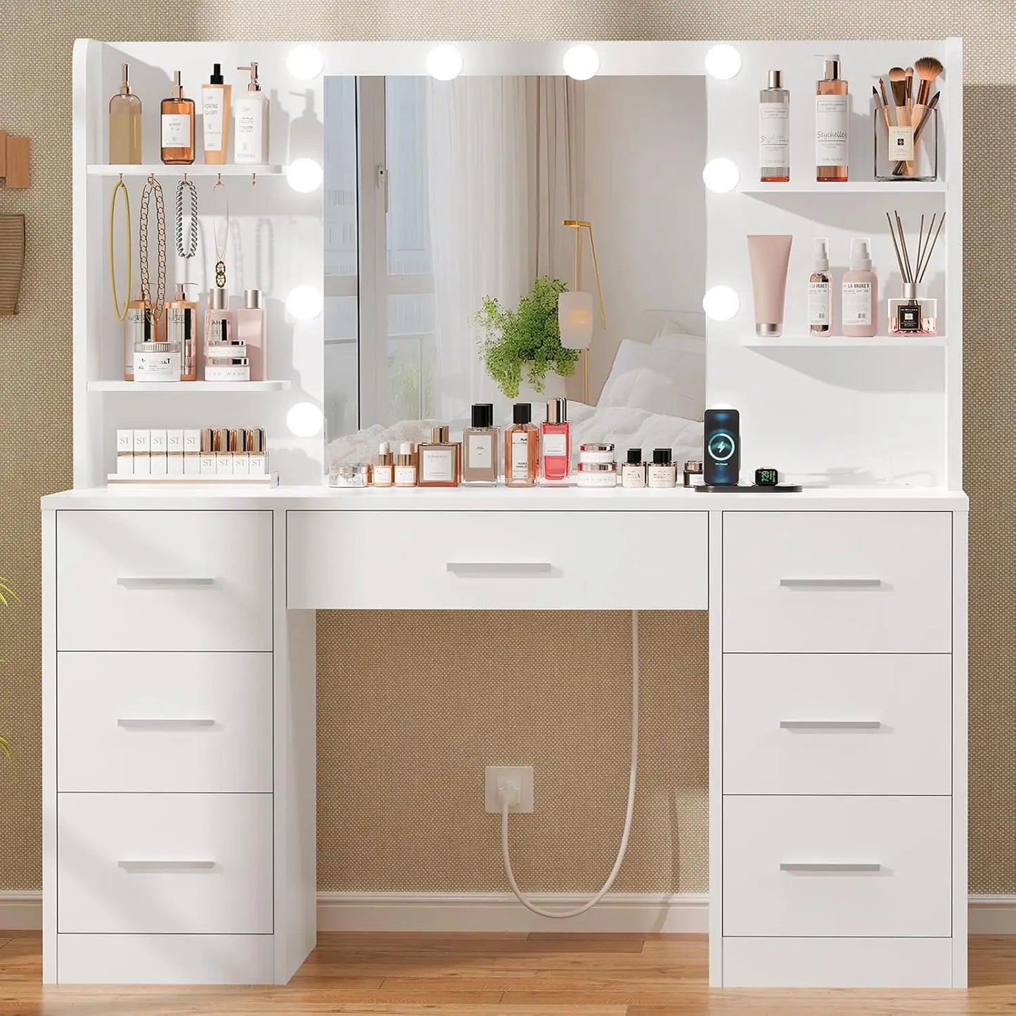 Large Vanity Desk with LED Mirror & Power Outlet