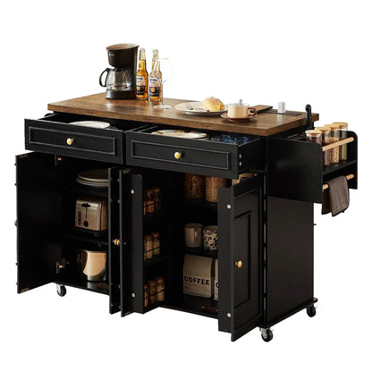 Kitchen Island Table Drop Leaf Cart with Power Outlet Spice Towel Rack Trash