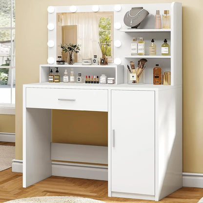 Large Vanity Desk with LED Mirror & Power Outlet
