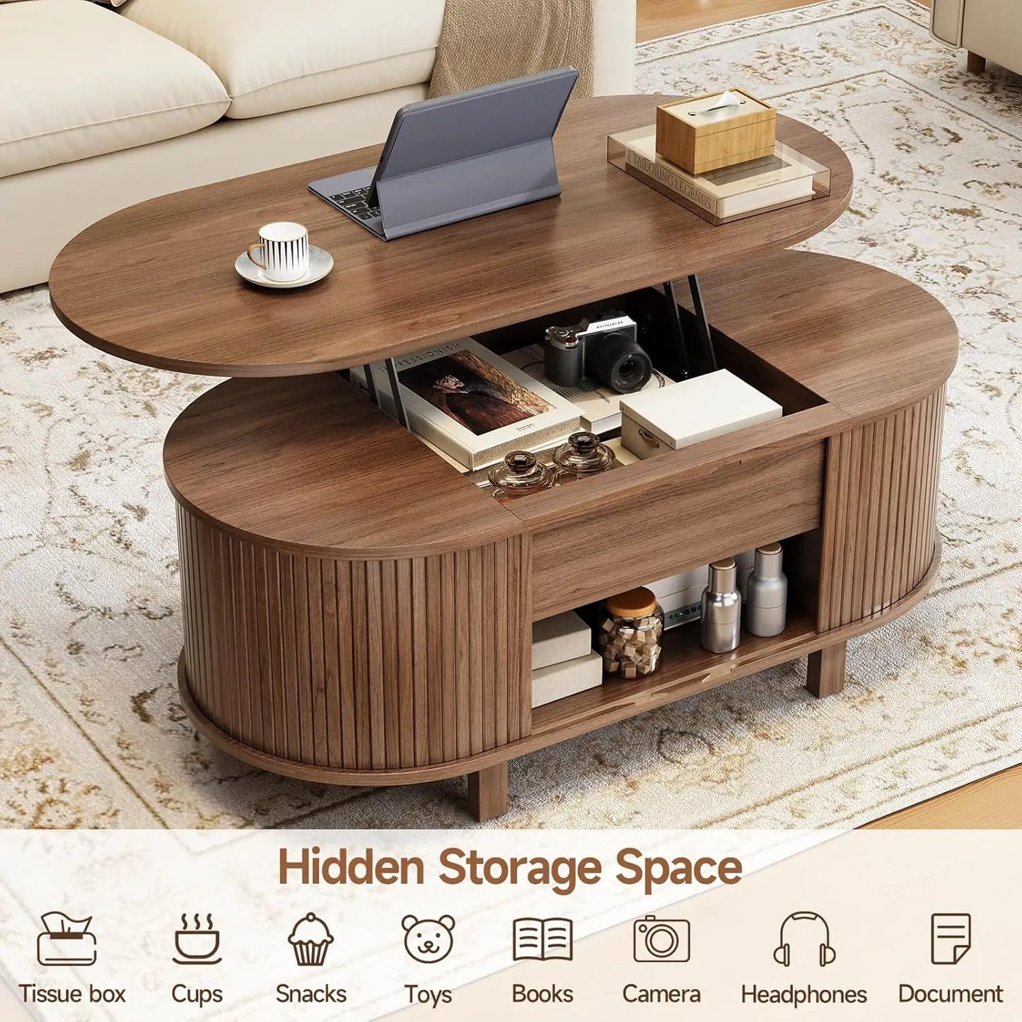 Oval Lift Top Coffee Table with Hidden Compartment