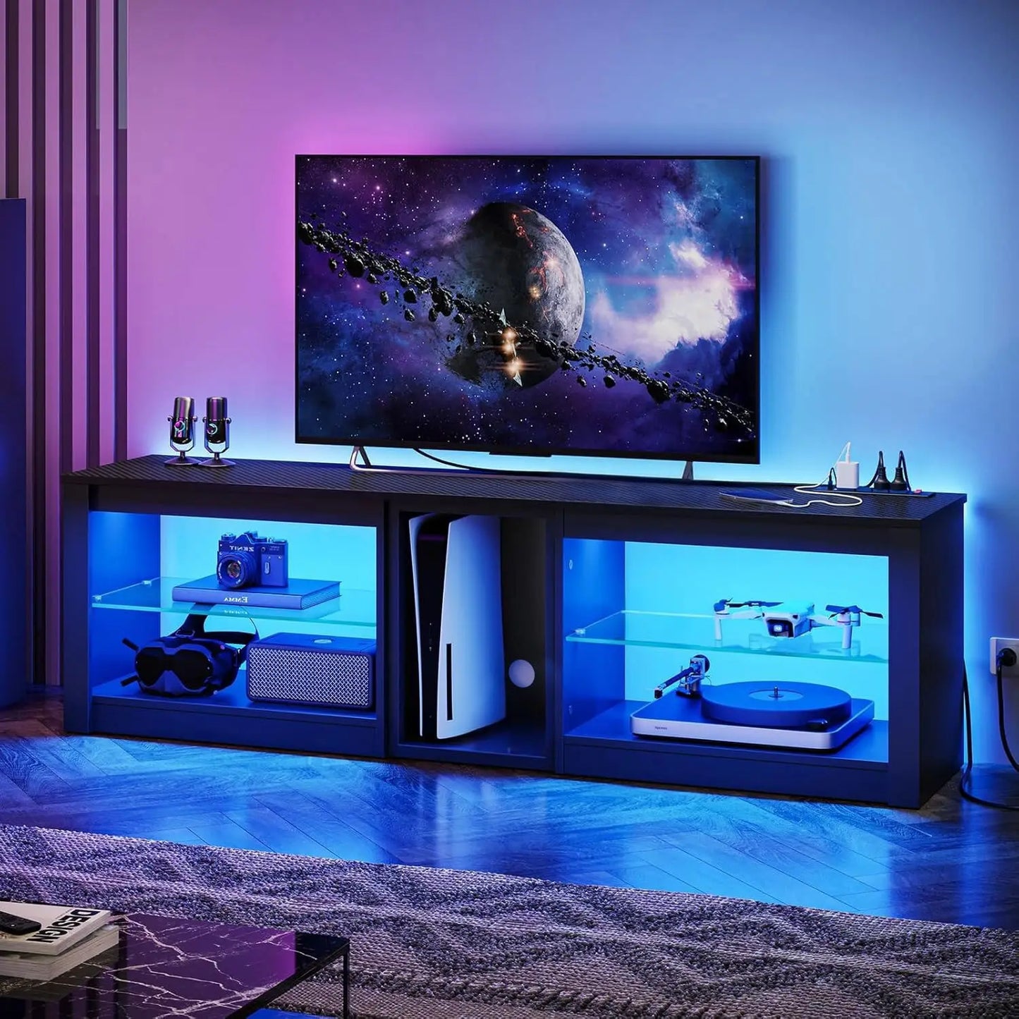 70in LED TV Stand with Power Outlets Glass Shelves