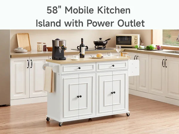Kitchen Island Table Drop Leaf Cart with Power Outlet Spice Towel Rack Trash