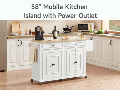 Kitchen Island Table Drop Leaf Cart with Power Outlet Spice Towel Rack Trash