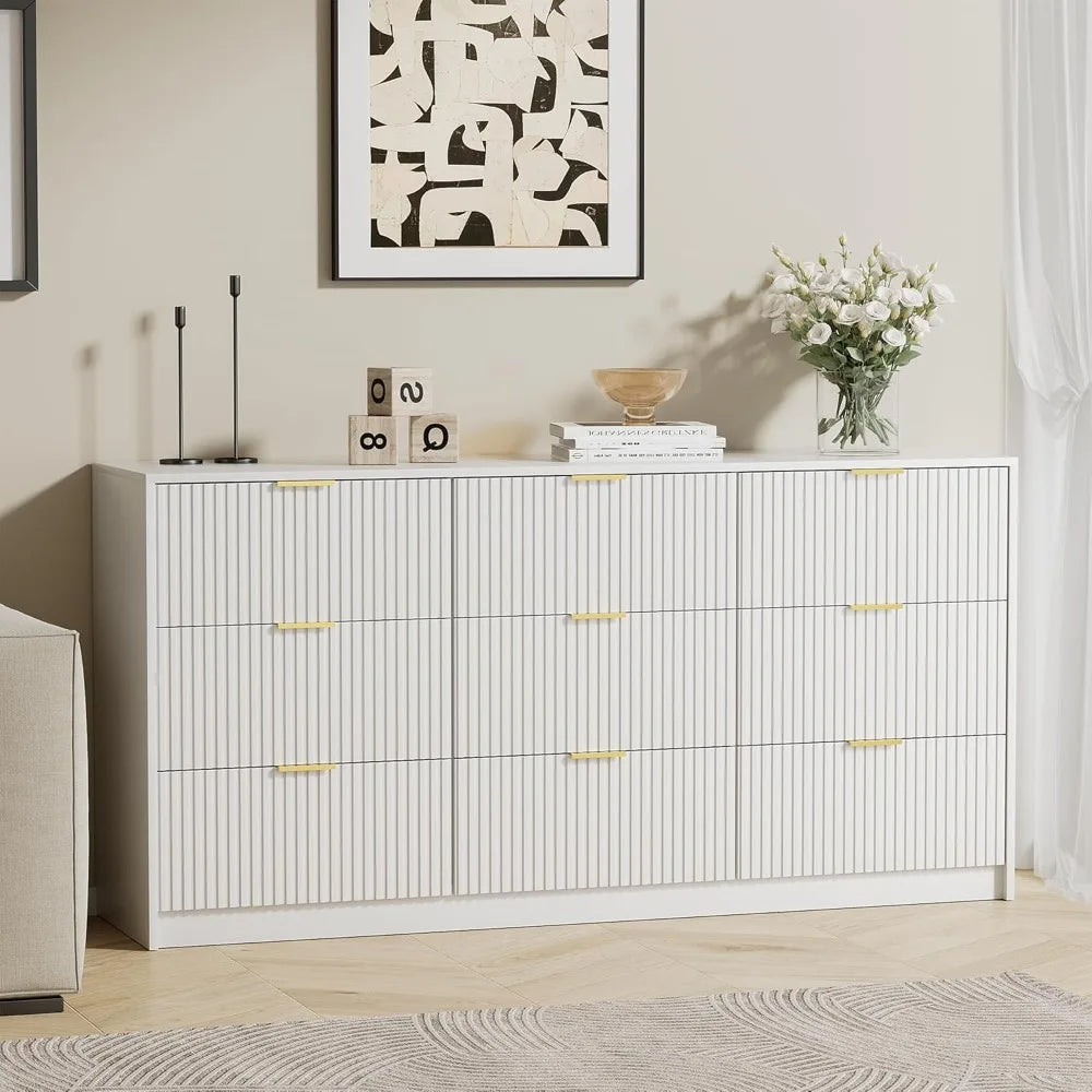 Modern 9 Drawer Dresser with Smooth Slides and Gold Handles