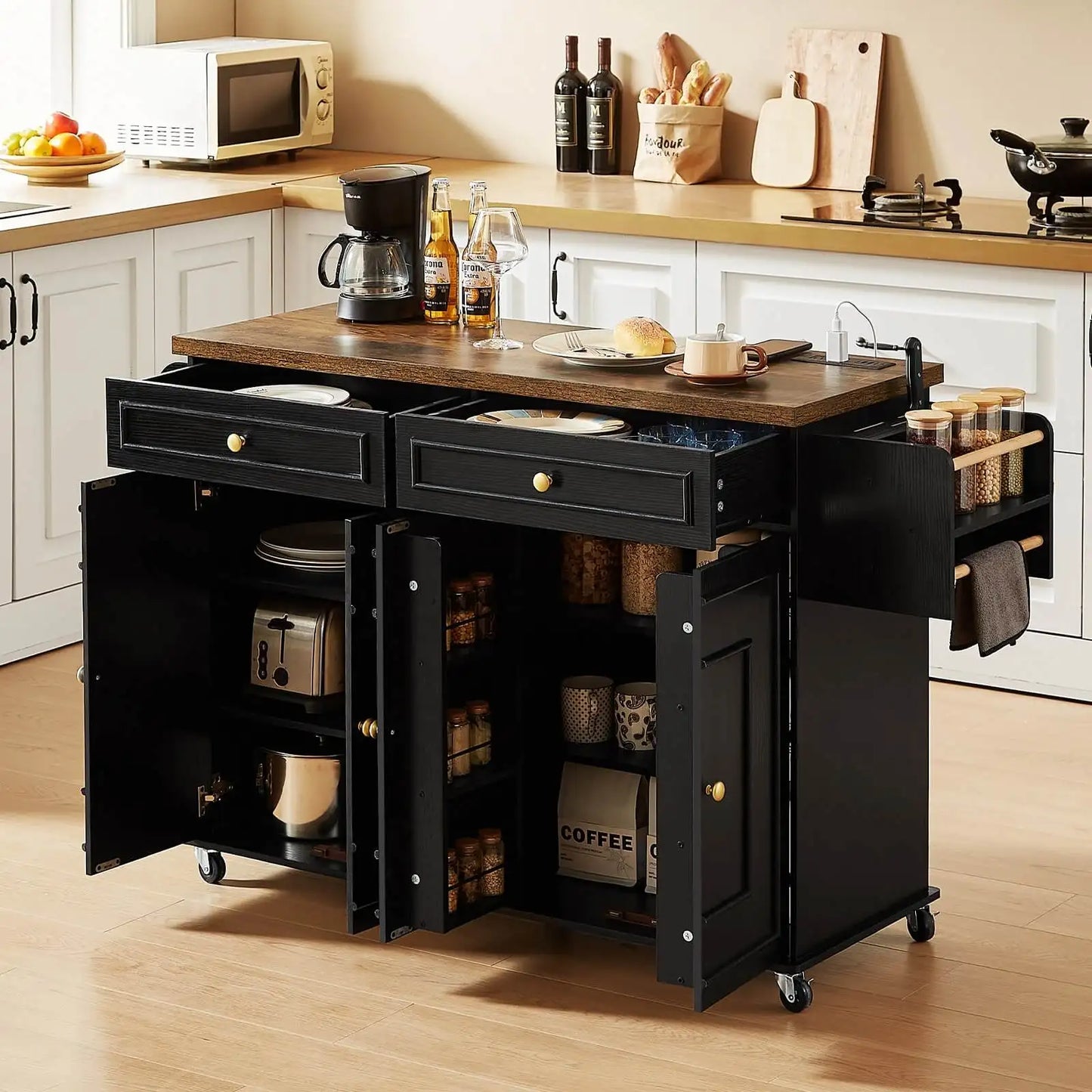 Kitchen Island Table Drop Leaf Cart with Power Outlet Spice Towel Rack Trash