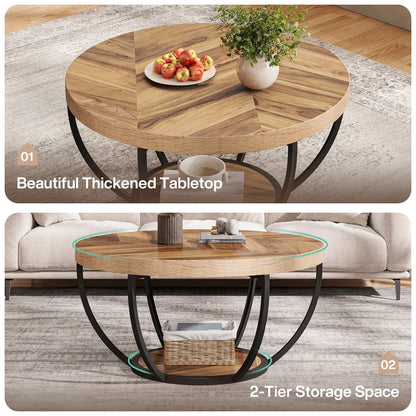 Industrial 2-Tier Circle Coffee Table with Storage Shelves
