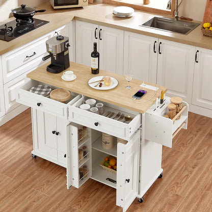 Kitchen Island Table Drop Leaf Cart with Power Outlet Spice Towel Rack Trash