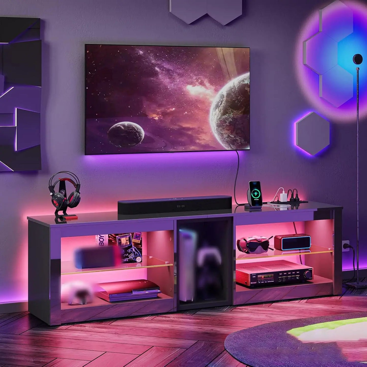 70in LED TV Stand with Power Outlets Glass Shelves