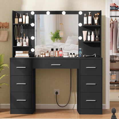 Large Vanity Desk with LED Mirror & Power Outlet