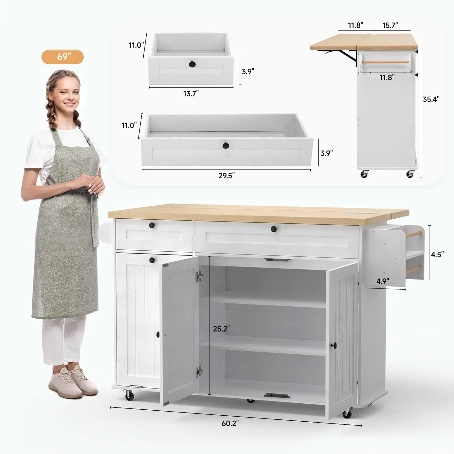 Mobile Kitchen Islands Rolling Trolleys with Spice Rack