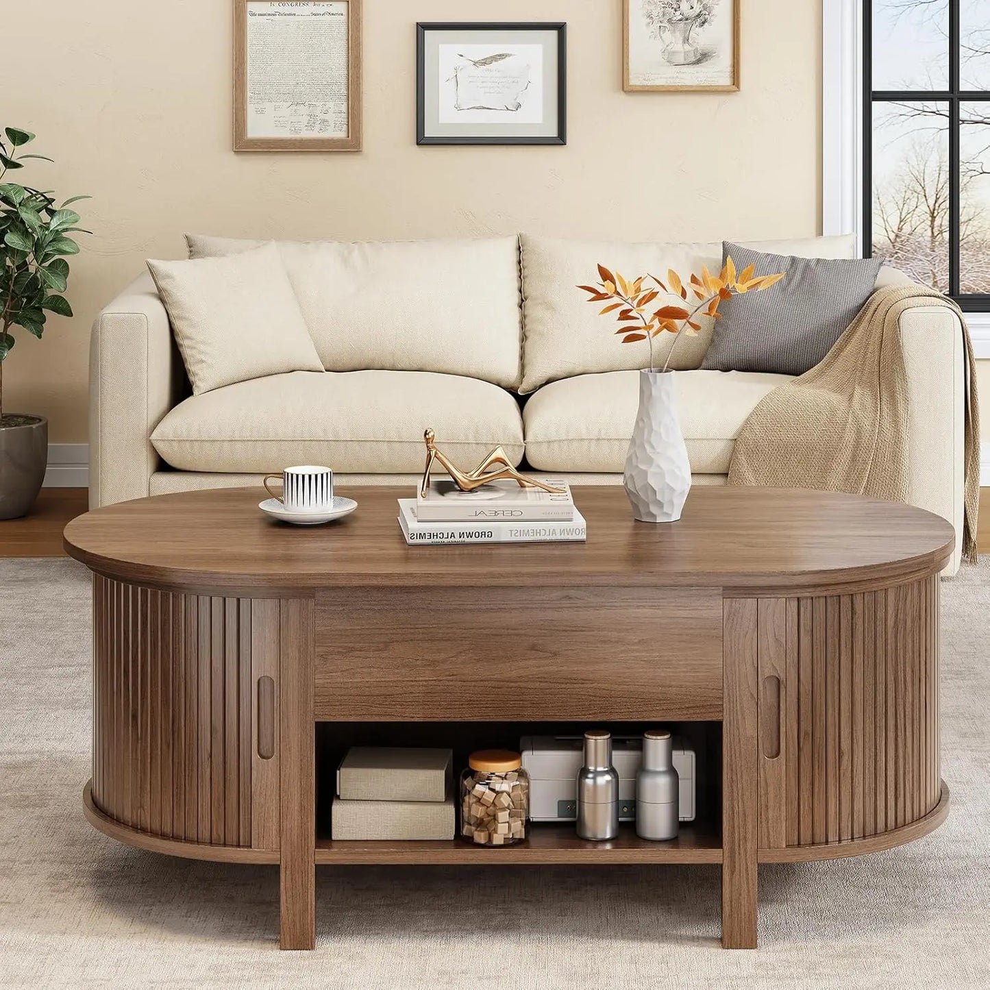 Oval Lift Top Coffee Table with Hidden Compartment