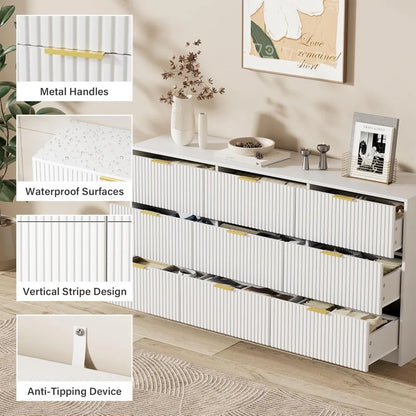 Modern 9 Drawer Dresser with Smooth Slides and Gold Handles