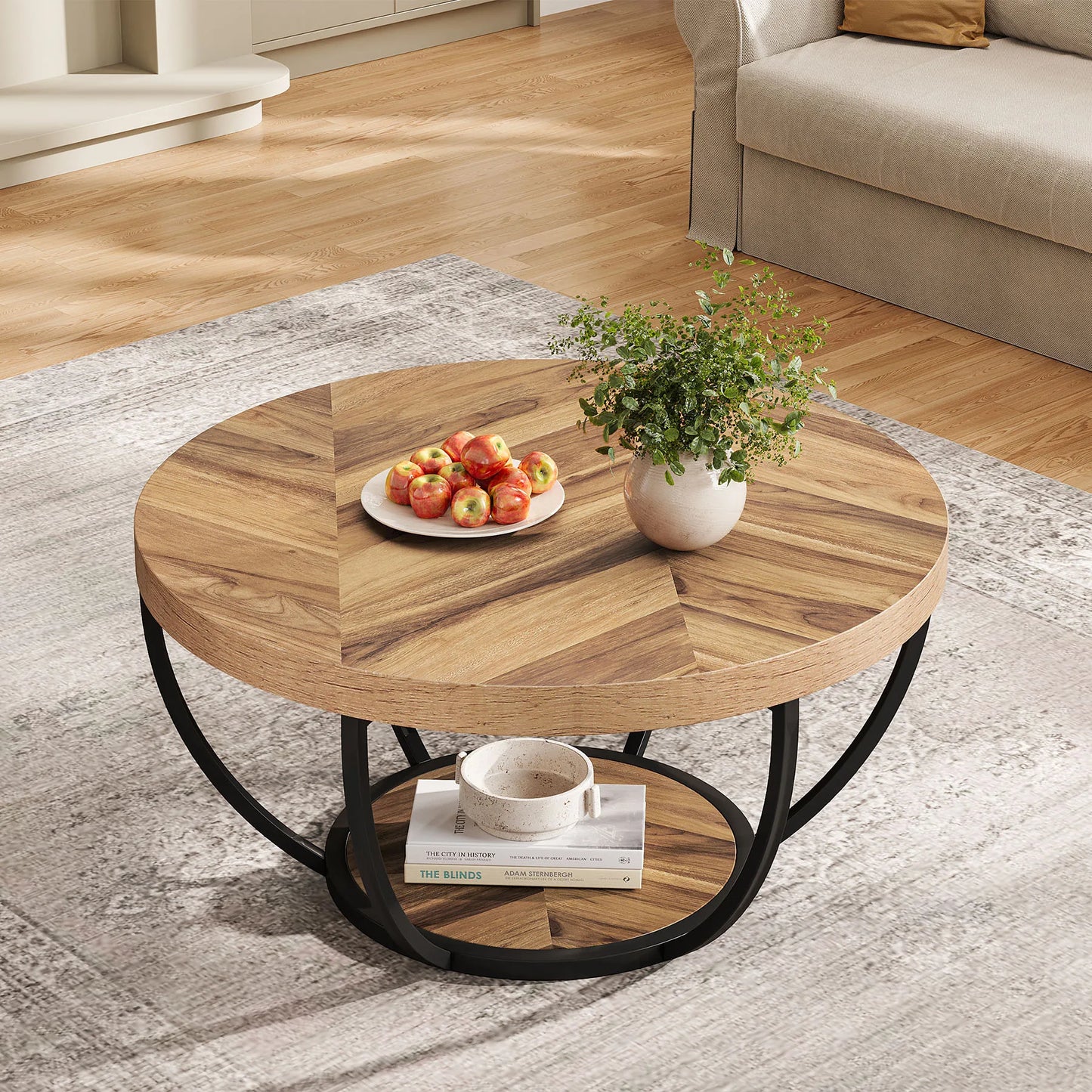 Industrial 2-Tier Circle Coffee Table with Storage Shelves