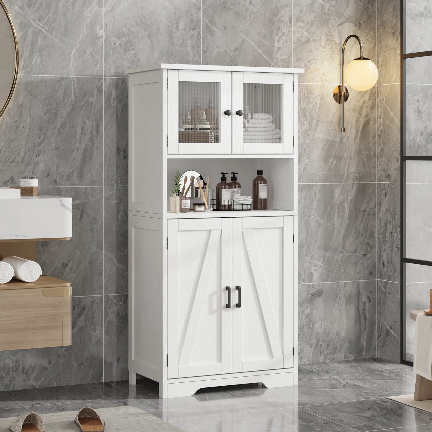 Free Standing Kitchen Pantry Cupboard with 4 Doors and Open Space