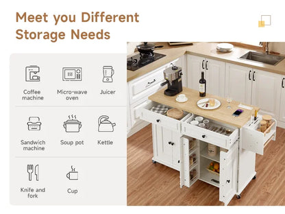 Kitchen Island Table Drop Leaf Cart with Power Outlet Spice Towel Rack Trash