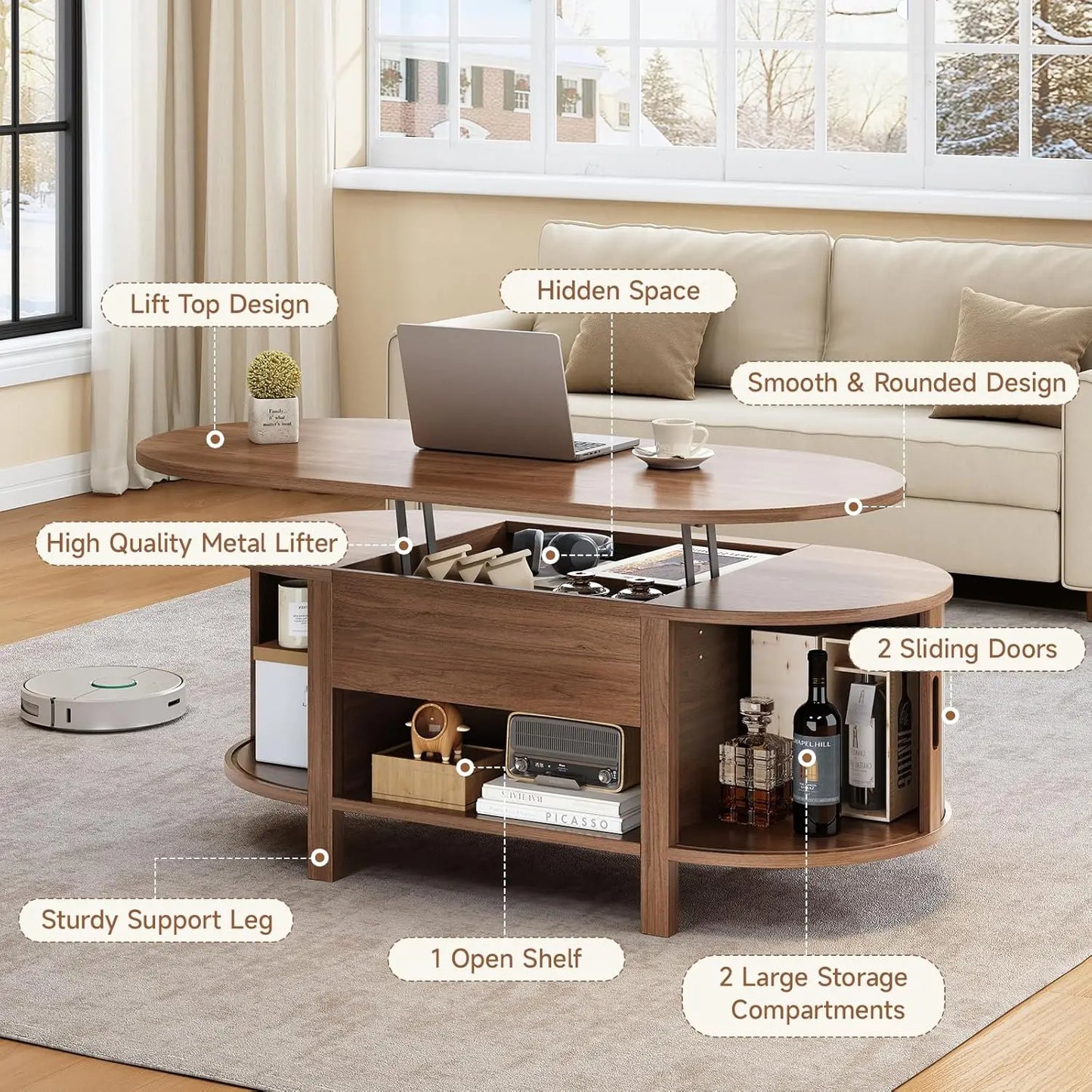 Oval Lift Top Coffee Table with Hidden Compartment