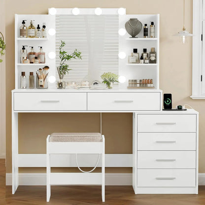 Large Vanity Desk with LED Mirror & Power Outlet