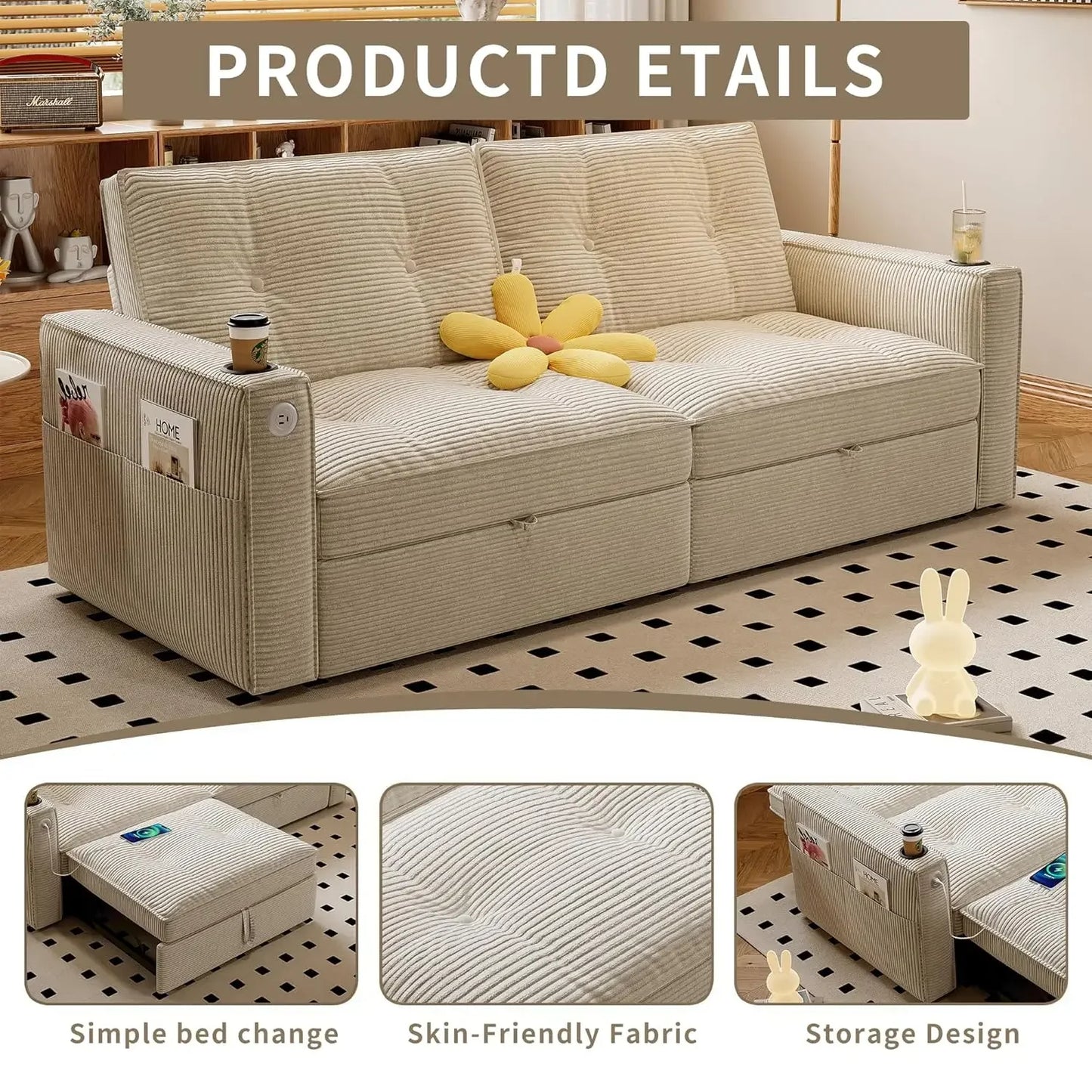 Loveseat Sleeper Sofa with Pull Out Bed, with Pockets and USB