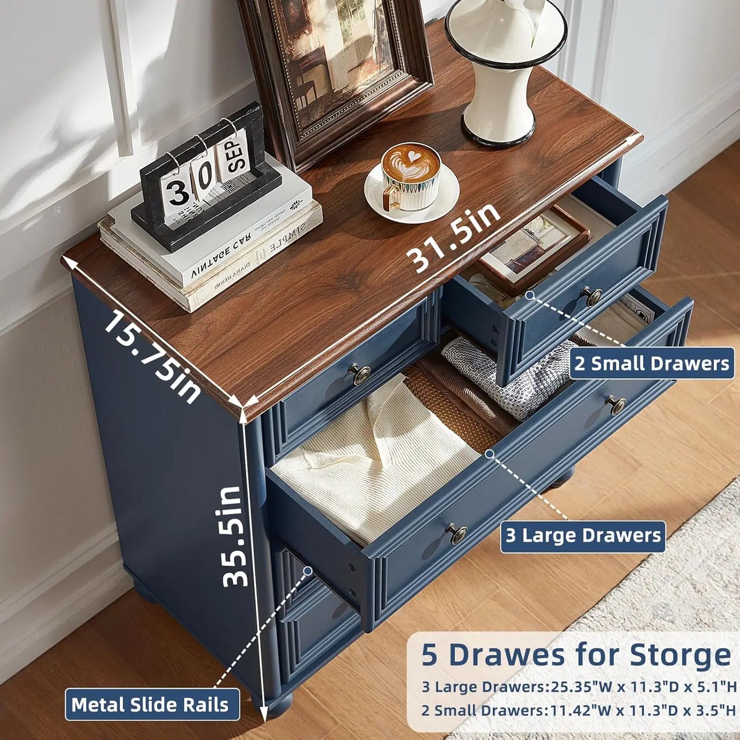 Blue Rustic Chest of 5 Drawers