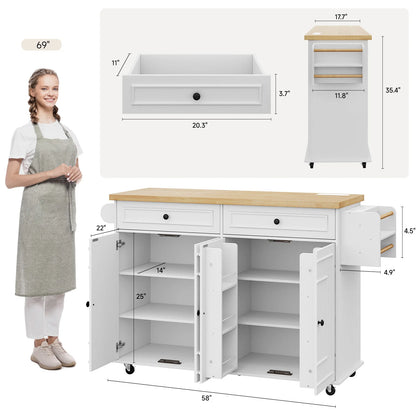 Kitchen Island Table Drop Leaf Cart with Power Outlet Spice Towel Rack Trash
