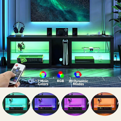 70in LED TV Stand with Power Outlets Glass Shelves