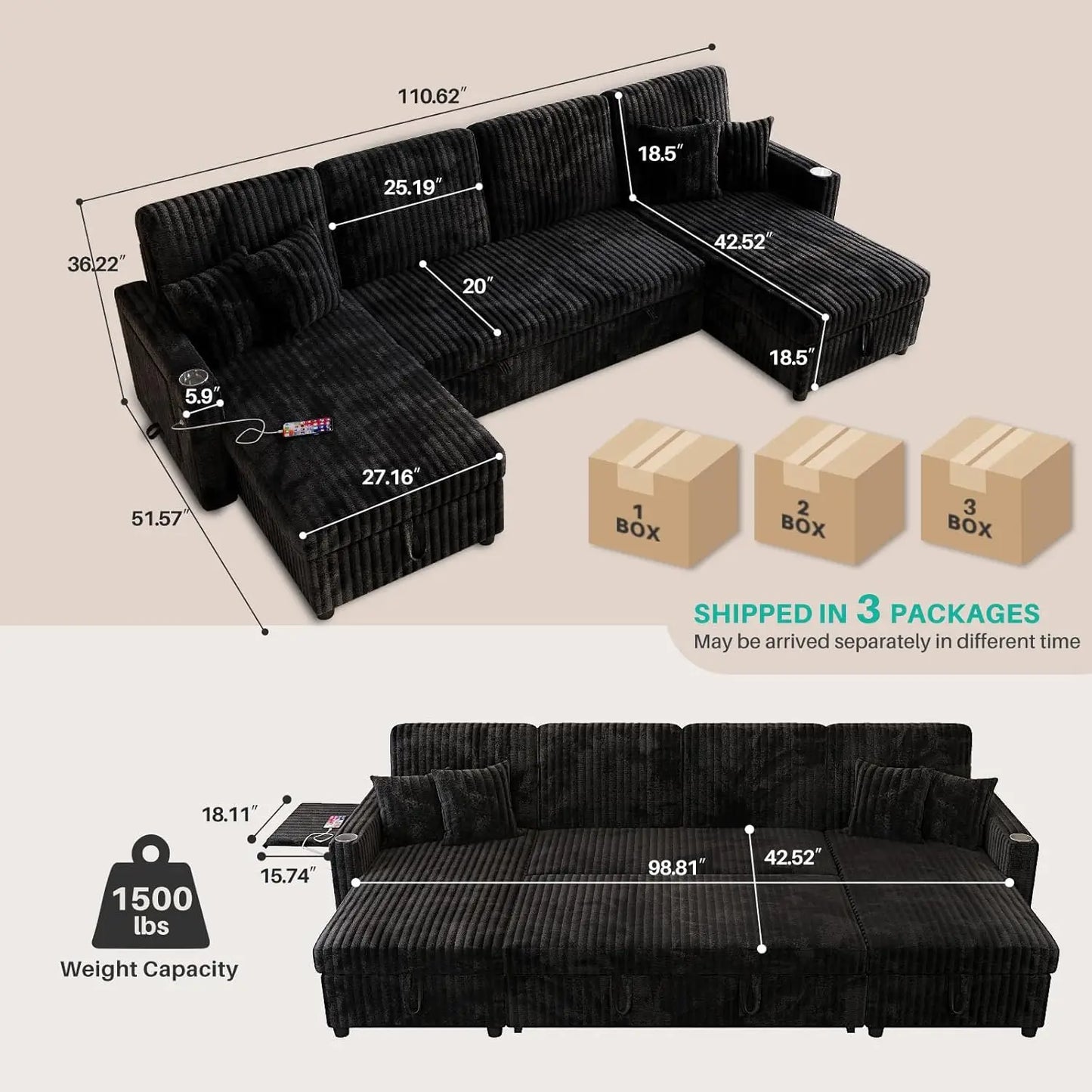 U Shaped Sleeper Sectional Sofa Pull Out Bed