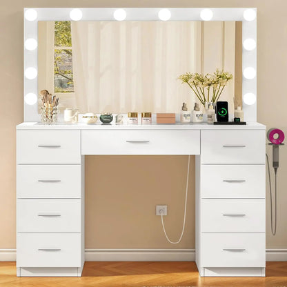 Large Vanity Desk with LED Mirror & Power Outlet